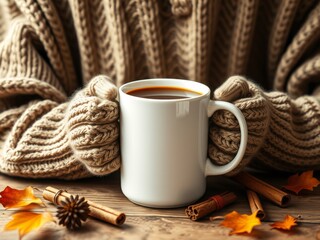 Cozy morning coffee with knitted blanket mug mockup