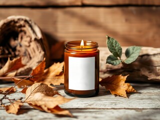 Autumnal candle on rustic wood jar mockup