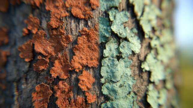 Close view of tree bark showing colorful lichen growth in nature - Powered by Adobe