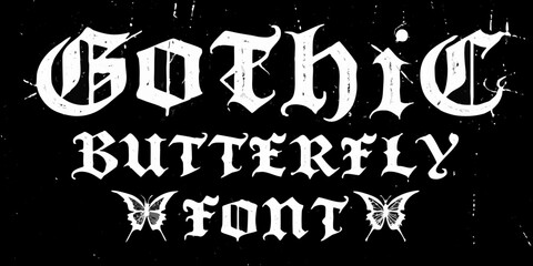 Intricate gothic typography showcases gothic butterfly front in a dark aesthetic
