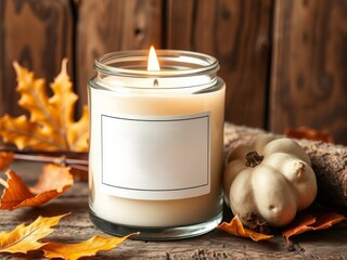 Cozy autumn candle on wooden table jar mockup