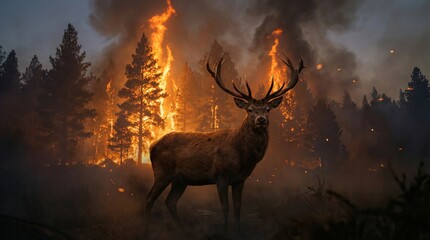 Dramatic stag amid wildfire forest landscape wildlife photography fiery environment close-up view nature's resilience