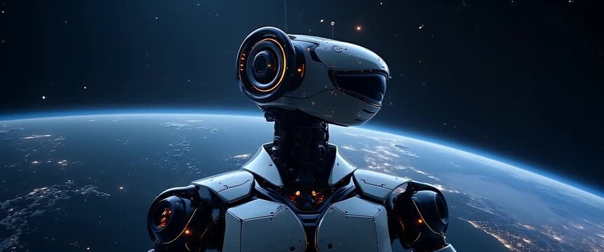 Futuristic robot gazes over Earth from space, with a slow camera pan revealing a cinematic view of glowing city lights below, as ambient stars gently flicker in the background.