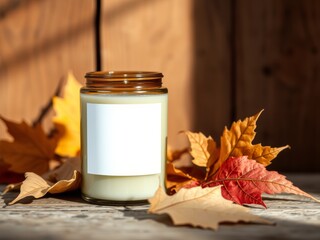 Autumnal candle in glass  jar mockup