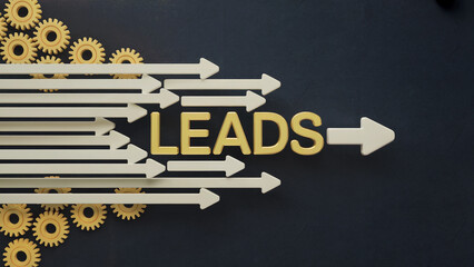 LEADS Business Concept with Directional Arrows and Golden Gears