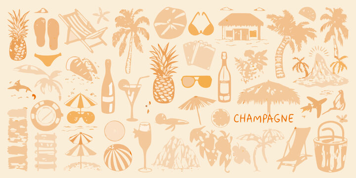 A summery collection of beach elements including tropical fruit and relaxation items