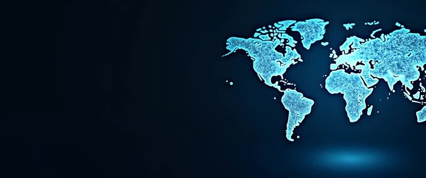 Glowing digital world map with twinkling lights gently pulses as the camera slowly pans across the futuristic, cinematic scene, offering copy space for technology and global connectivity themes.