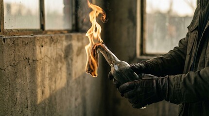 Ignited fire bottle action abandoned warehouse photography urban environment close-up viewpoint dramatic concept