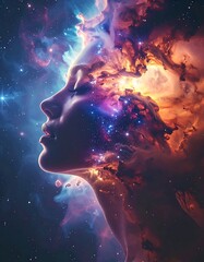 Woman's profile merges with swirling nebulae, creating a celestial, ethereal effect. Dreamy eyes are closed, peaceful aura