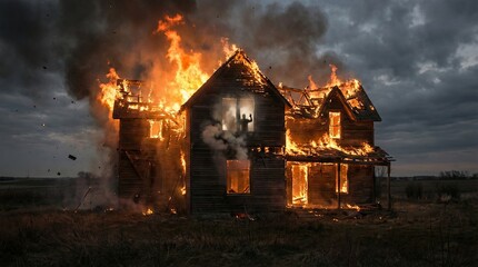 Fire incident abandoned house aflame rural setting visual documentation dramatic perspective emergency response theme