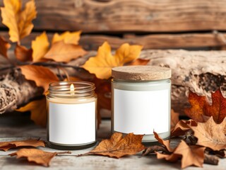 Autumn candles in glass  jars mockup