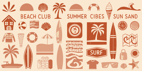 A collection of summer themed icons including beach elements and tropical motifs © Lelin