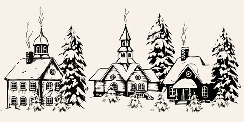 Obraz premium Charming winter village scene with snow covered houses and pine trees
