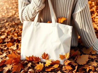 Autumn leaves and white tote bag mockup