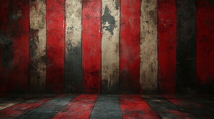 A grungy studio background with red, white, and black vertical stripes, creating a chaotic and edgy atmosphere, perfect for adding a bold and dramatic touch to creative projects.