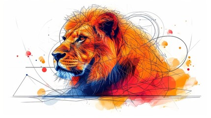 Stylized graphic illustration of a majestic lion. Modern abstract art combining watercolor effects and geometric line work. A powerful symbol of courage and strength