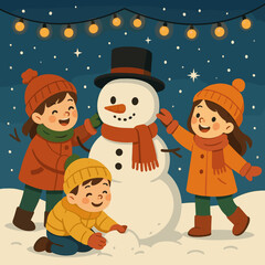 Fototapeta premium Children building a snowman in winter attire with fairy lights in a snowy landscape