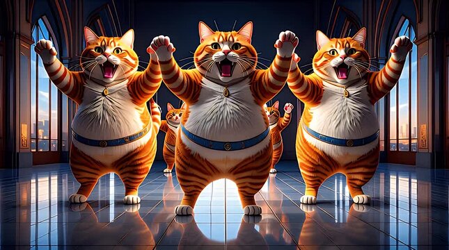 Group of animated cats dancing in a grand hall setting