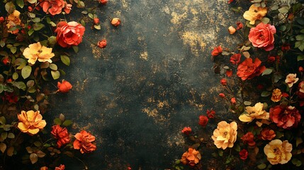 Vintage floral wallpaper background with colorful roses and leaves on a dark, distressed surface, perfect for adding a touch of elegance and nostalgia to any design or project.