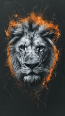 Obraz premium Powerful black and white portrait of a lion's face with an abstract fiery mane. Vertical artistic illustration symbolizing strength, courage, and wild energy