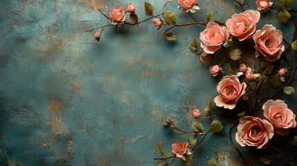 Vintage floral wallpaper background with pink roses and green leaves on a blue and gold textured surface, perfect for adding a touch of elegance and sophistication to any design or project.