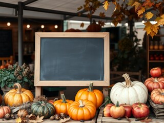 Autumn display with chalkboard and produce price mockup