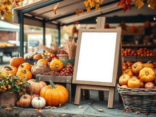 Autumn produce display at market stall price mockup