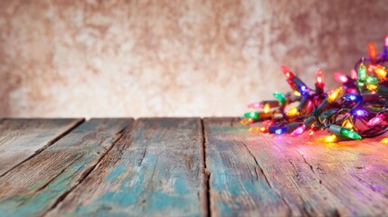 Obraz premium Colorful string lights on a weathered wooden table with a textured background
