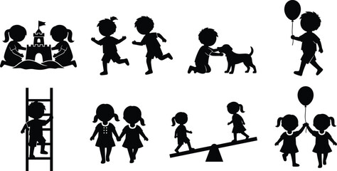 Children play silhouette set, outdoor activity icons, black vector illustration, editable design, isolated friendship and fun moments