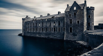 A historic stone castle stands majestically on the edge of a calm sea under a cloudy sky