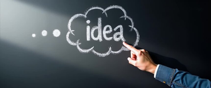 Hand points to idea on chalkboard as gentle ambient light flickers, with camera slowly panning across the textured surface, capturing creativity and innovation in a cinematic style.