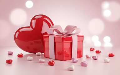 A beautifully wrapped red gift box surrounded by hearts on a soft pink background