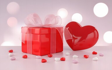 A beautifully wrapped red gift box with a heart-shaped container surrounded by candy hearts on a soft pink background