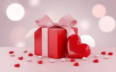 A beautifully wrapped red gift box adorned with a bow and accompanied by a heart-shaped decoration surrounded by hearts on a soft pink surface