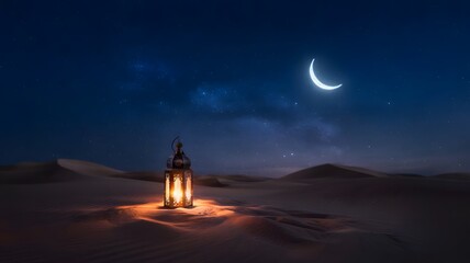 A serene desert landscape illuminated by a lantern under a crescent moon at night