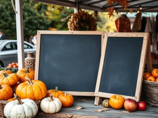 Autumn market display with chalkboards and produce price mockup