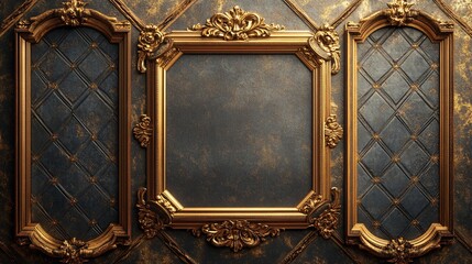 Vintage gold frames on a dark background with ornate details, arranged in a chaotic manner, perfect for adding a touch of elegance and sophistication to any design or project.