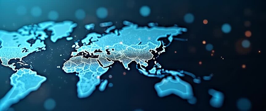 Glowing digital world map with animated data points sparkles as the camera smoothly pans across, offering a cinematic view of global connectivity and technology in motion.