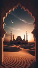A serene desert landscape with a majestic mosque in the distance viewed through an ornate archway at dusk