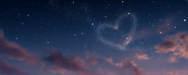 Whimsical Starry Night Sky with a Heart-Shaped Constellation and Wispy Clouds