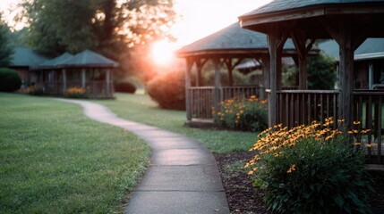 Obraz premium Pathway leads to gazebos at sunset in a garden area