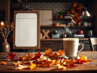 Autumnal coffee setting with blank note menu board mockup