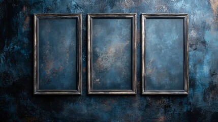 Three empty vintage silver picture frames on a chaotic blue and silver background, arranged horizontally, giving a sense of nostalgia and elegance, perfect for adding a personal touch.