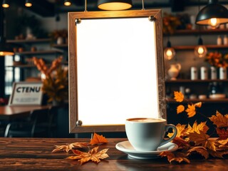 Autumn coffee setting with blank sign mockup