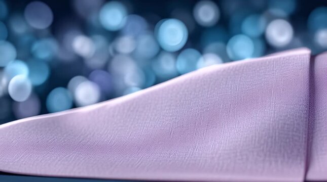 A stack of colorful folded fabrics rests against a blurred bokeh background in cool tones