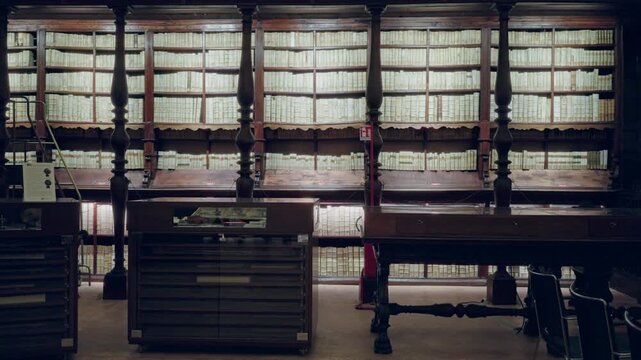 Old library shelves and wooden display tables softly defocused interior; background backplate copyspace calm.