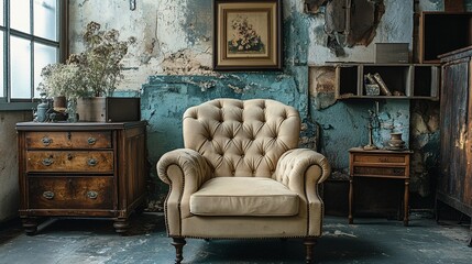 Vintage furniture fills a room with a worn, nostalgic atmosphere, featuring a beige armchair, wooden dresser, and nightstand against a backdrop of peeling blue and white walls.