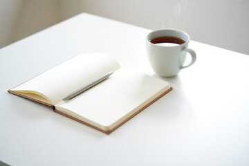 An open notebook with a pen beside a steaming cup of tea on a clean white table. Perfect for writing and relaxation.