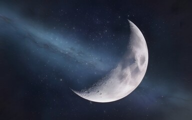 Crescent moon glowing in the dark night sky with stars and clouds