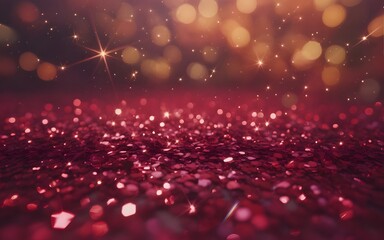 A sparkling red confetti field under a bokeh light display at night from a low angle